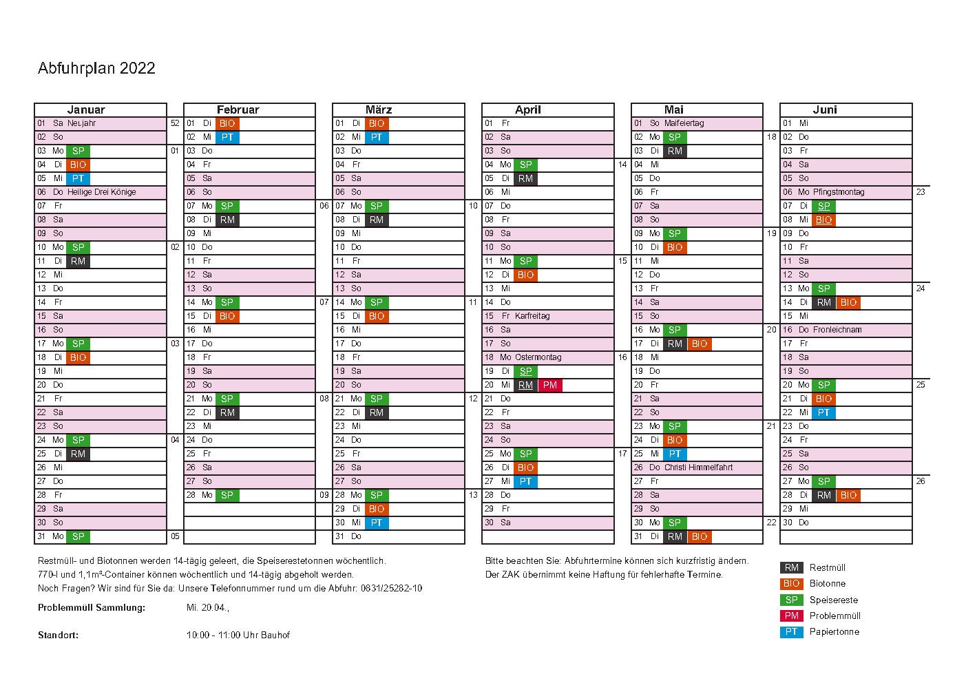 Abfuhrkalender mit den Terminen für die Tonnenabfuhr